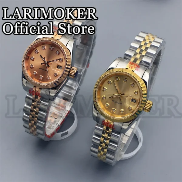 LARIMOKER 26MM ladies mechanical watch masonry index gold rose gold sunburst dial Sapphire Glass two-toneStainless band 2