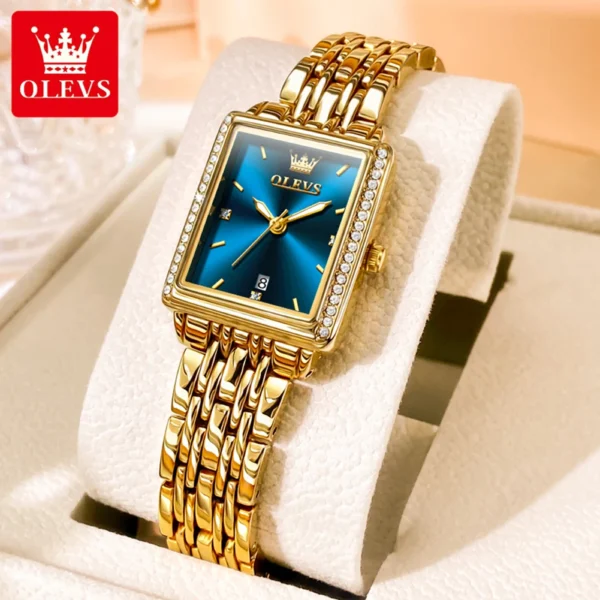 OELVS New Luxury Lady's Watches Elegant Gold Rectangular Dial Quartz Watch Diamond Bracelet Gift Box Set Original Female Watch 1