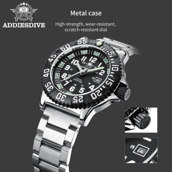 Addies Dive Men Fashion Casual Watch Calendar Display 50m Waterproof Tube Luminous Watch Black Dial Rotating Bezel Quartz Watch 2