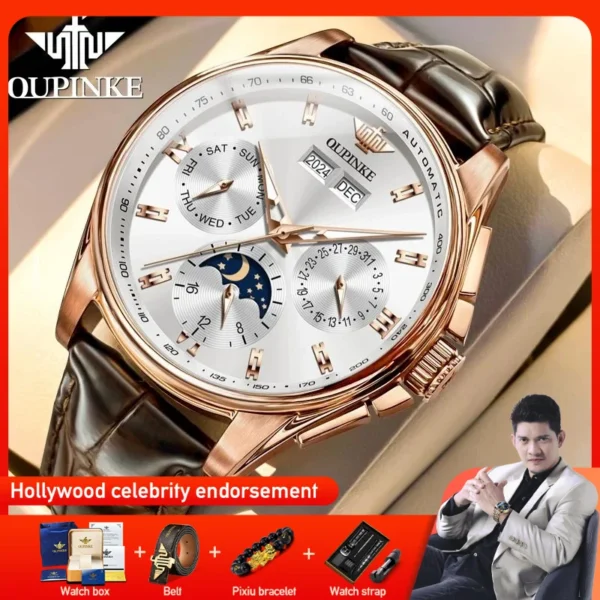 OUPINKE 3189 Mens Watch Original Luxury Automatic Mechanical Watch Moon Phase Waterproof Luminous Mens Gifts Reloj Hombre 1