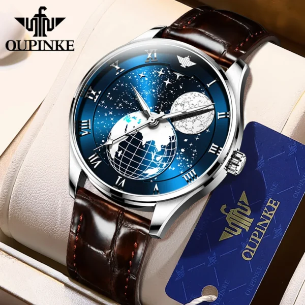 OUPINKE 3177 Luxury Men's Watches Comfortable Leather Strap Automatic Mechanical Watch for Man Starry Sky Earth Dial Sapphire 2