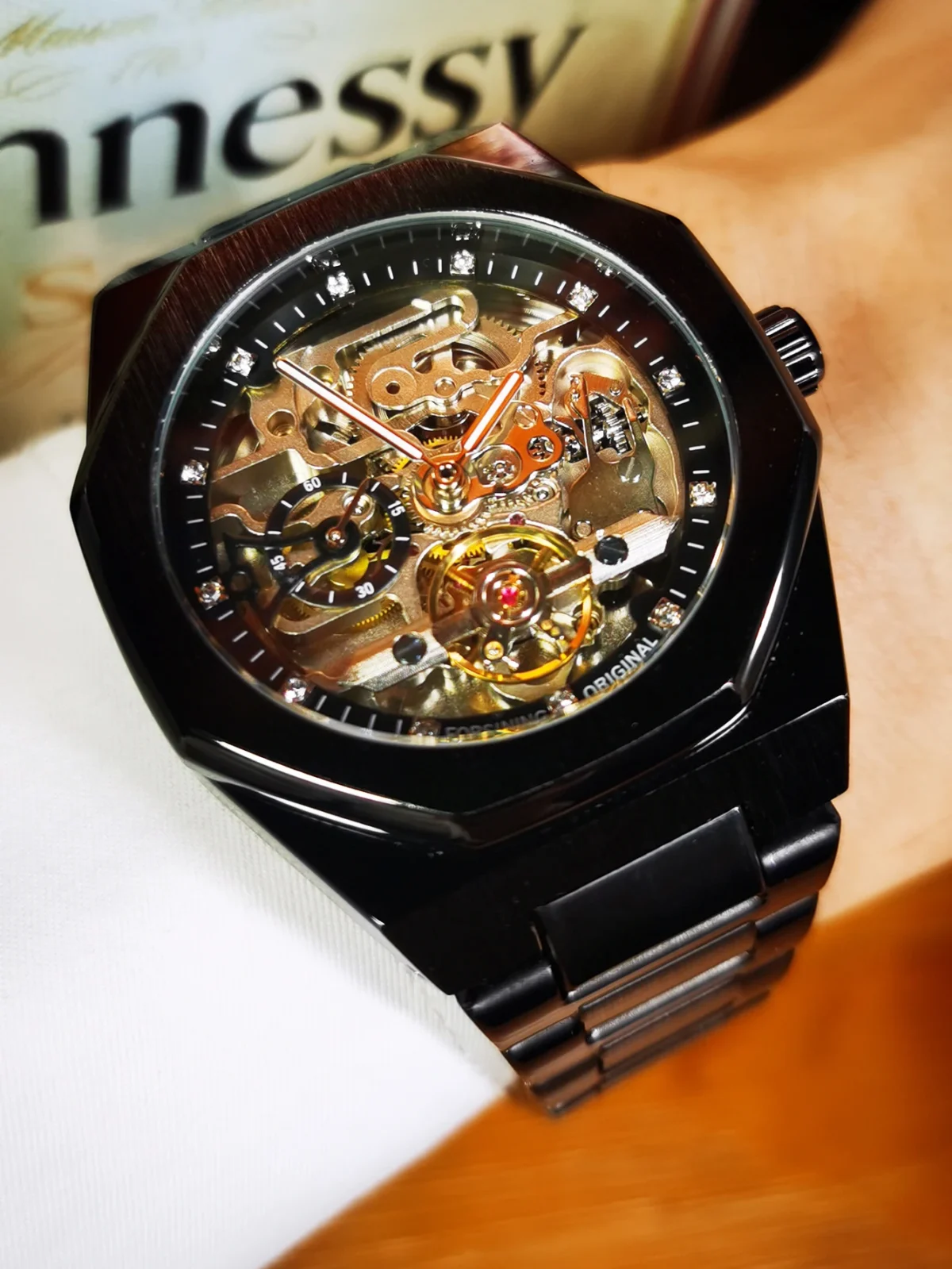 Forsining Silver Automatic Watch Men 3D Diamond Dial Irregular Tourbillon Skeleton Mechanical Wristwatches Luminous Hands Clock 5