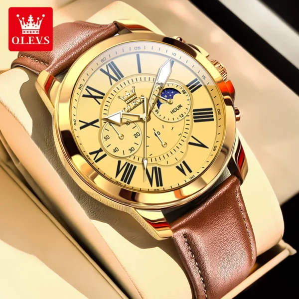 OLEVS 3632 High end Elegant Men's Watch Leather Strap Waterproof Moon Phase Chronograph Original Quartz Wristwatch Luxury Watch 1