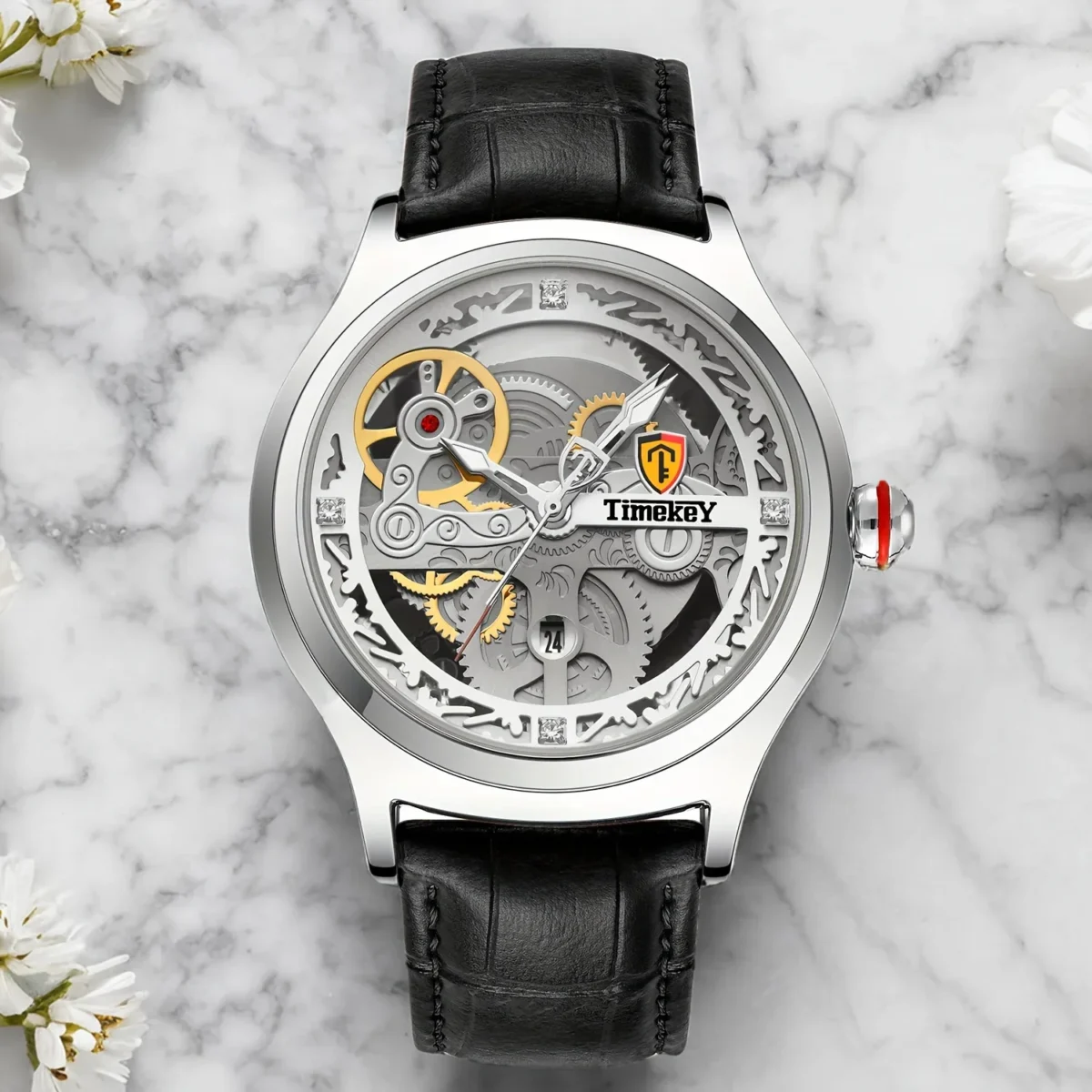 TimeKey-Fashion Classic Mechanical Style Stainless Steel Buckle Skeleton Dial Screw Crown Luminous Men's Quartz Watch 2