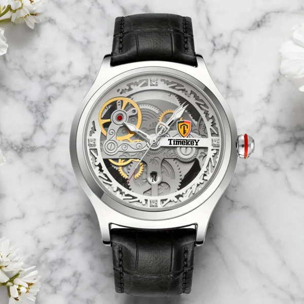 TimeKey-Fashion Classic Mechanical Style Stainless Steel Buckle Skeleton Dial Screw Crown Luminous Men's Quartz Watch 2