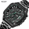 MEGIR Black Quartz Watch Men Waterproof Square Dial Wristwatch with Chronograph Stainless Steel Strap Luminous Hands Auto Date 4