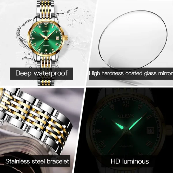 OLEVS Fashion Green Mechanical Watch for Women Stainless Steel Waterproof Luminous Calendar Luxury Automatic Watches Womens 2