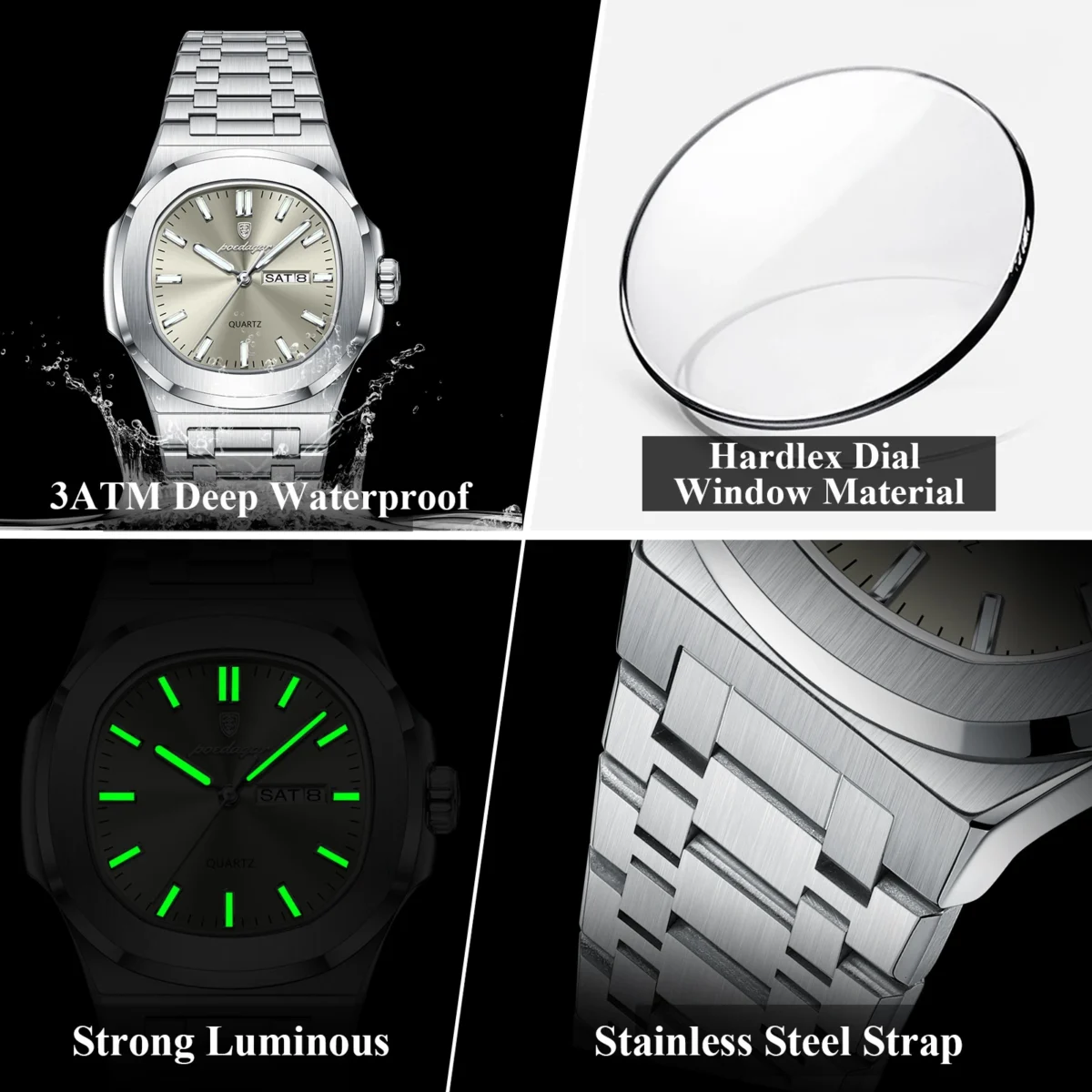 POEDAGAR Luxury Military Man Watch Square Waterproof Luminous Date Week Men Watch Stainless Steel Quartz Men's Watches Reloj+box 4