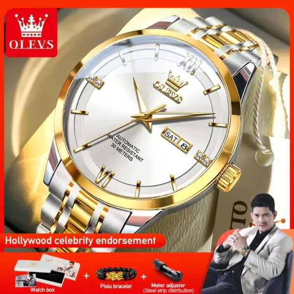 OLEVS 7061 Mens Watch Original Automatic Mechanical Watch Large Dial Waterproof Luminous Reloj Dual Calendar Watches Luxury Men 1