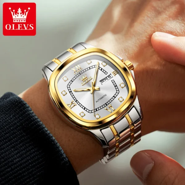 OLEVS Men's Watches Original Dual Calendar Waterproof Stainless Steel Automatic Mechanical Watch Fashion Diamond Scale Man Watch 1