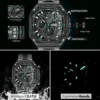 MEGIR Black Quartz Watch Men Waterproof Square Dial Wristwatch with Chronograph Stainless Steel Strap Luminous Hands Auto Date 6