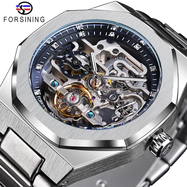 Forsining Casual Automatic Watch 3D Diamond Skeleton Hollow Mens Wristwatches Luminous Military Watches Tourbillon Montre Homme 1