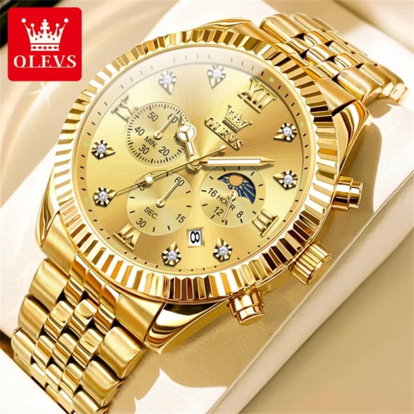 OLEVS Brand Luxury Original Men's Watches Waterproof Moon Phase Quartz Watch Luminous Gold Stainless Steel Strap Male Wristwatch 1