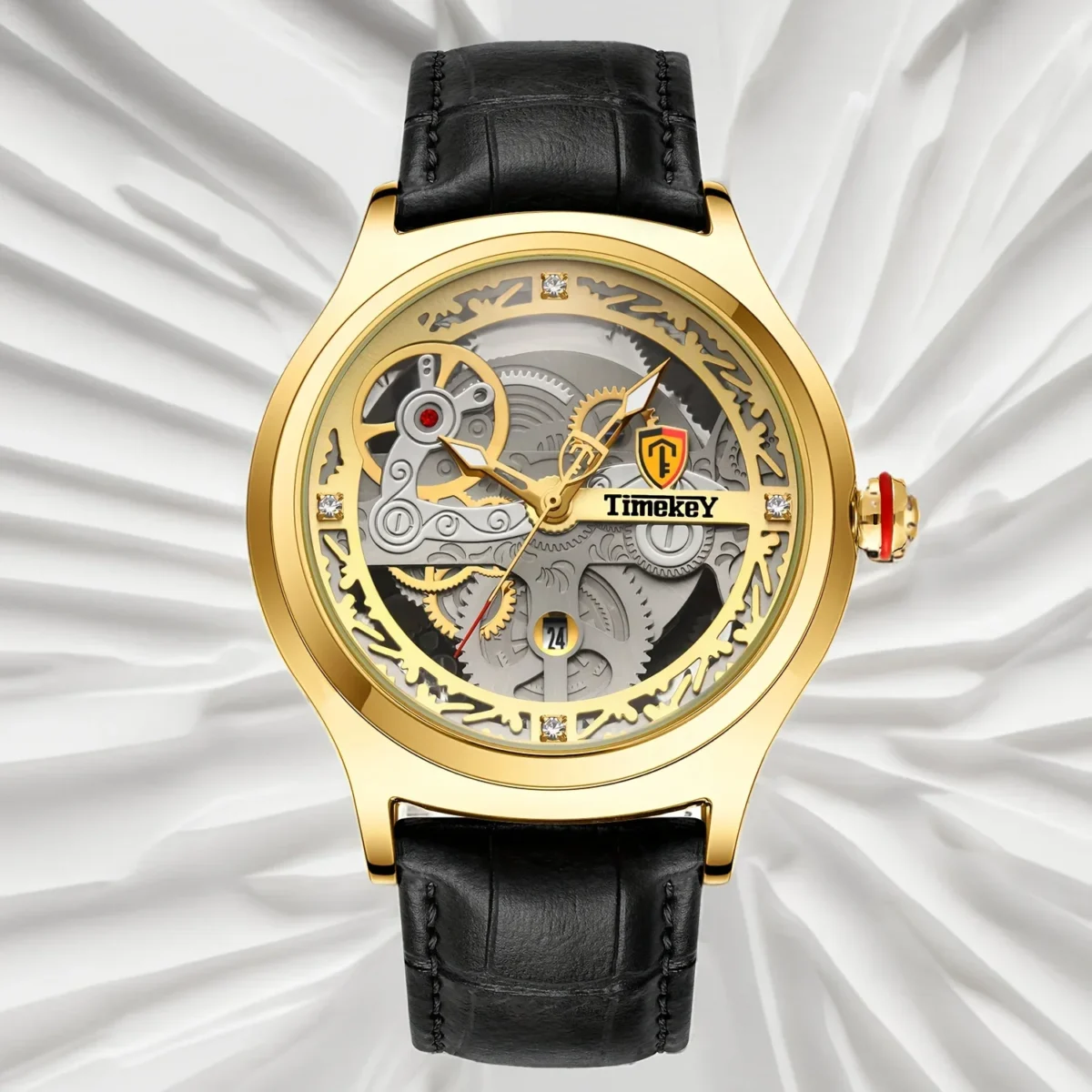 TimeKey-Fashion Classic Mechanical Style Stainless Steel Buckle Skeleton Dial Screw Crown Luminous Men's Quartz Watch 3