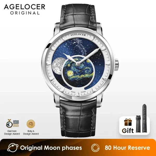 AGELOCER Original Astronomer Watch Van Gogh Oil Painting Men Luxury Automatic Mechanical Moon Phase Watch Birthday Gift for Men 1