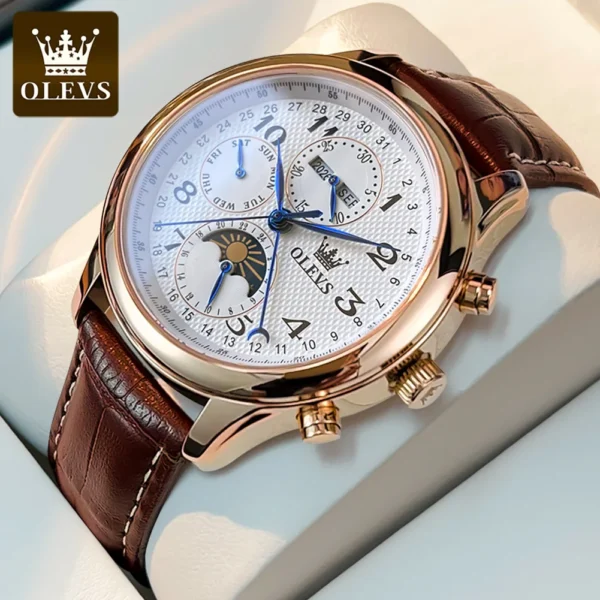 OLEVS Men's Watches Luxury Business Original Automatic Mechanical Wristwatch Seven Hands Complete Calendar Moon Phase Week Reloj 1