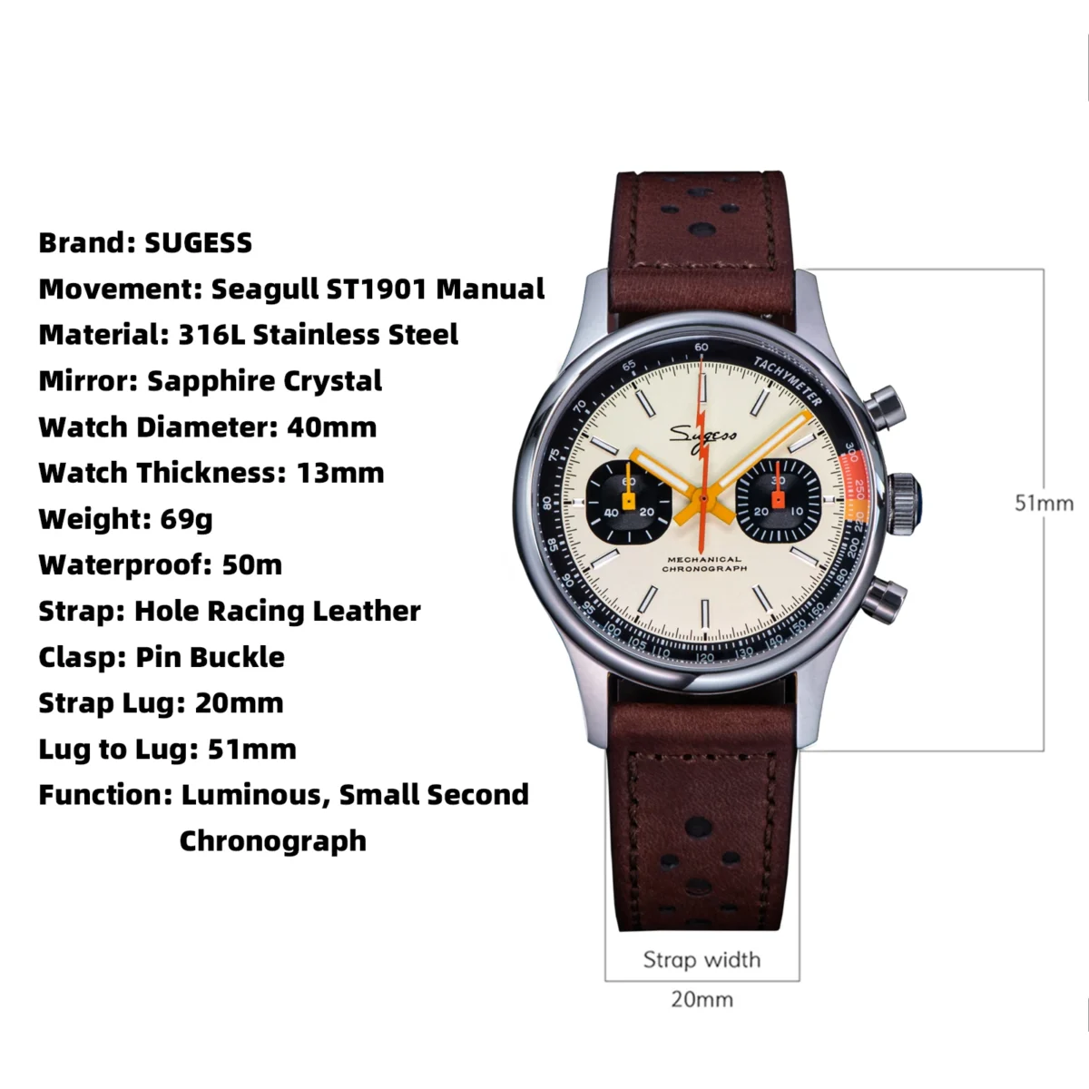 Sugess Watch of Men Chronograph Mechanical Wristwatches with Seagull ST19 Swanneck Movement Pilot Sapphire Crystal Racing V2 New 6