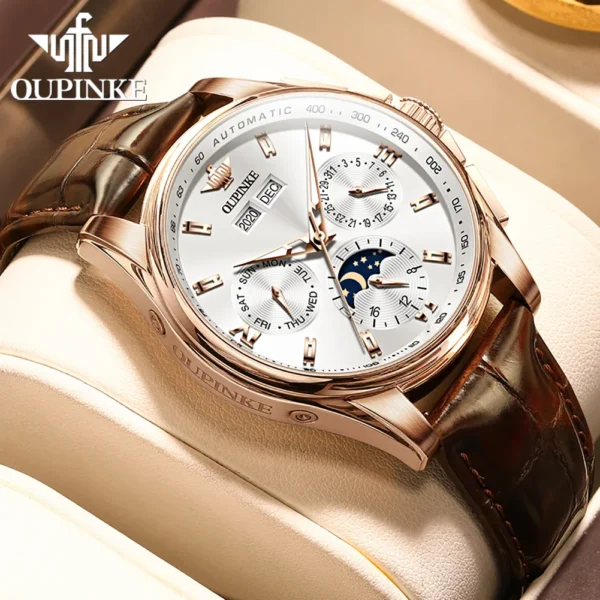 OUPINKE Men's Watches Luxury Automatic Mechanical Wirstwatch Moon Phase Sapphire Multifunctional Watch for Man Leather Bracelet 2