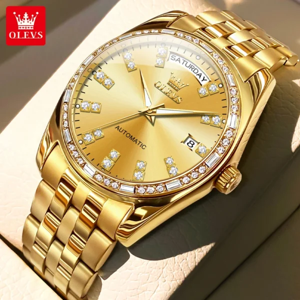 OLEVS Top Brand Atmospheric Men's Watches Fashion Diamond Gold Watch Fully Automatic Mechanical Watch Week Calendar Waterproof 1