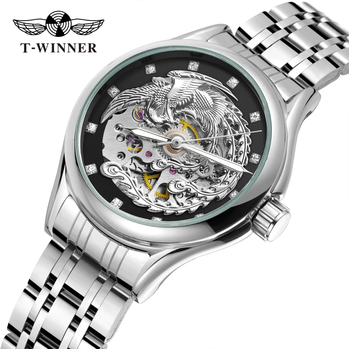 2024 Diamond Steel Skeleton Dial Golden Phoenix Women Fashion Automatic Watch Luxury Waterproof Mechanical Girl Wrist Lady Clock 6