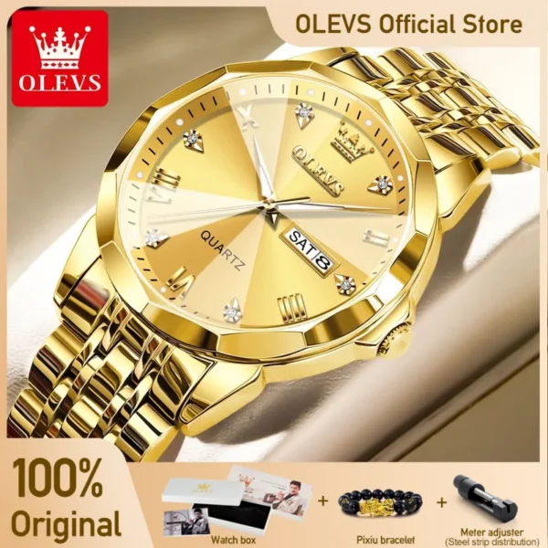 OLEVS Men‘s Watches Gold Original Quartz Wristwatch Waterproof Luminous Watch for Male Rhombus Mirror Date Week Luxury Dress 1