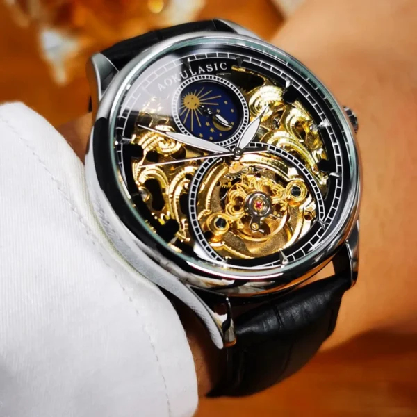 AOKULASIC Tourbillon Mens Watches Top Brand Luxury Skeleton Automatic Mechanical Watch Casual Leather Strap Sun Phase Male Clock 2