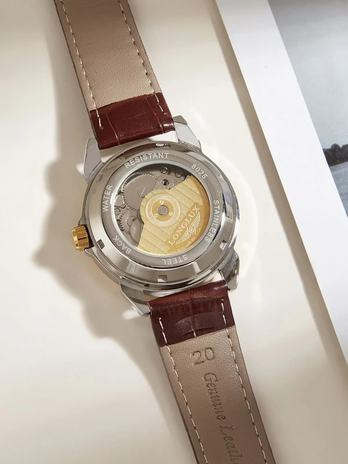 LONGLUX automatic man watch business leisure dating mechanical wristwatches day date waterproof leather  mens watch men gift 5
