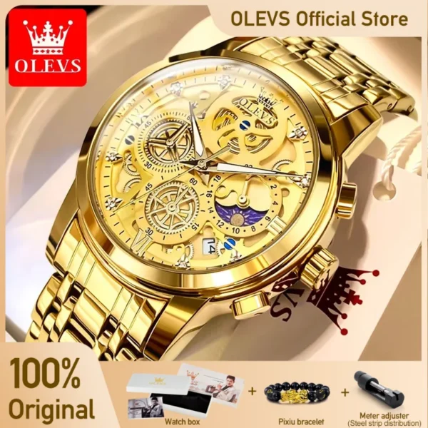 OLEVS Men's Watches Top Brand Luxury Original Waterproof Quartz Watch for Man Gold Skeleton Style 24 Hour Day Night New 1