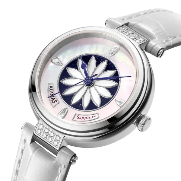 RUIMAS 6776 Women Automatic Mechanical Watches Fashion Elegant Flower Diamond Silvery White Leather Strap Wristwatch for Ladies 1