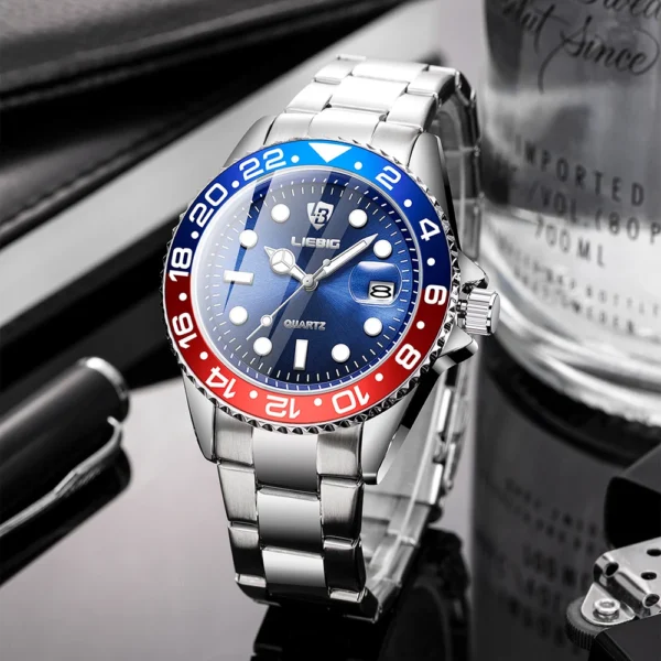 Luxury Men Fashion Watch Silver Stainless Steel Band Waterproof Casual Calendar Quartz Watch Green Business Wristwatch 1