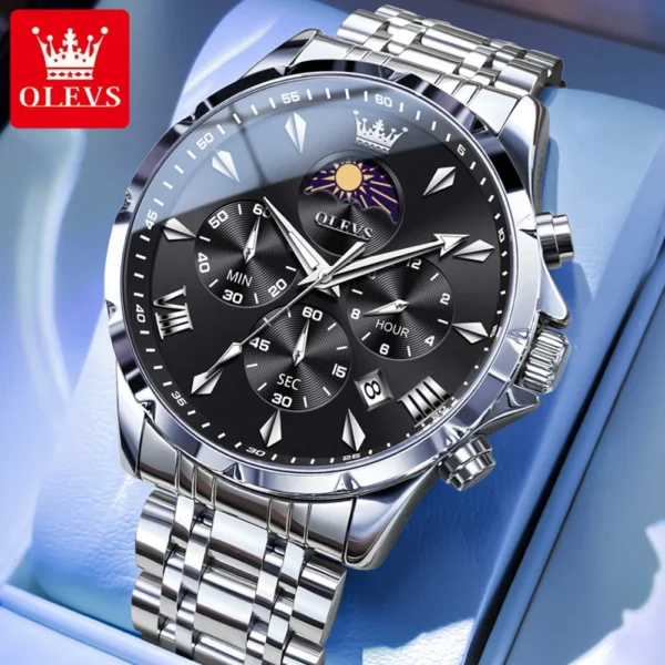 OLEVS Luxury Business Men's Watches Moon Phase Chronograph Quartz Watch for Man Stainless steel Calendar Waterproof Wristwatch 2