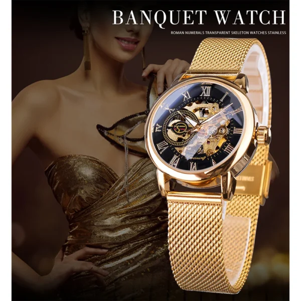 Forsining Fashion Women's Luxury  Golden Mechanical  Watch Roman Numerals Transparent Skeleton Watches Stainless Steel Clock 2