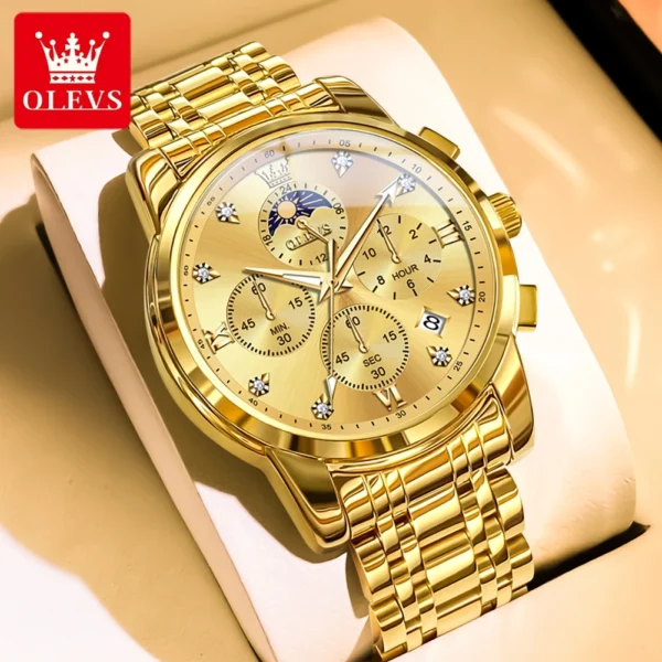OLEVS Top Luxury Brand Men's Watches Moon Phase Chronograph Quartz Watch for Man Gold Stainless Steel Luminous Original Watch 1