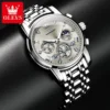 OLEVS Top Brand Men's Watches Classic Three Eyes Style Stainless Steel Quartz Watch Waterproof Luminous Moon Phase Wristwatch 4