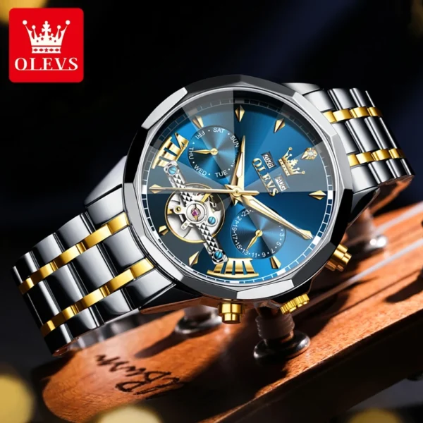 OLEVS Brand Skeleton Hollow out Men's Watches Automatic Mechanical Watch Waterproof Weekly Calendar Wristwatch Stainless steel 2