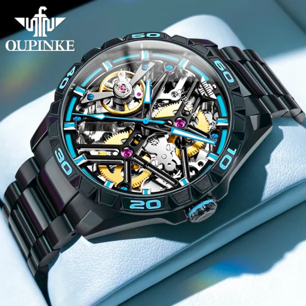 OUPINKE 3196 Blue Watch for Men Original Automatic Movement Deep Waterproof Hollow Out Mechanical Wristwatch Men 1