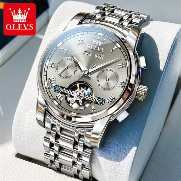 OLEVS Brand Automatic Mechanical Men Watches Waterproof Stainless Steel Strap Watch for Man Skeleton Calendar Hollow out Design 1