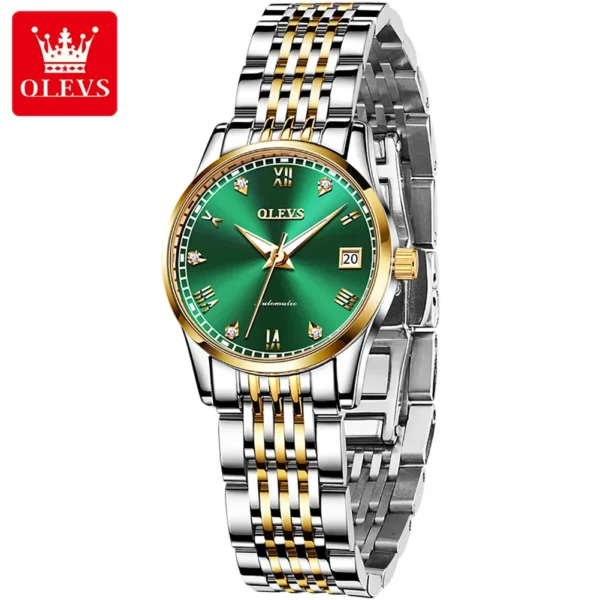 OLEVS Fashion Green Mechanical Watch for Women Stainless Steel Waterproof Luminous Calendar Luxury Automatic Watches Womens 1