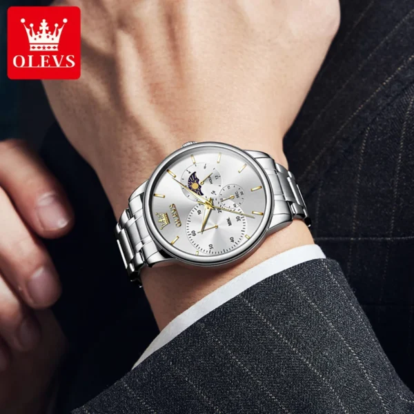 OLEVS Original Brand Men's Watches Business Waterproof Quartz Watch Stainless Steel Strap Chronometer Moon Phase Watch for Men 2
