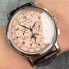 Corgeut 42mm Automatic Men's Watch Date Day Month Year Salmon Dial Multifunction 316L Leather Strap Polished Case Day Night 1