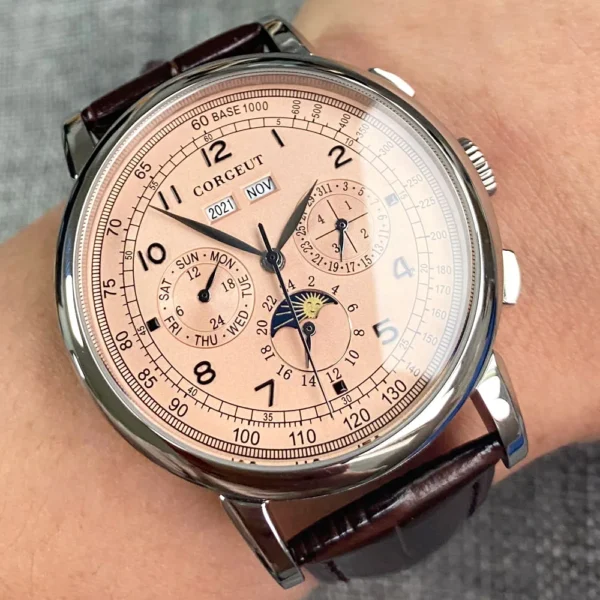 Corgeut 42mm Automatic Men's Watch Date Day Month Year Salmon Dial Multifunction 316L Leather Strap Polished Case Day Night 1