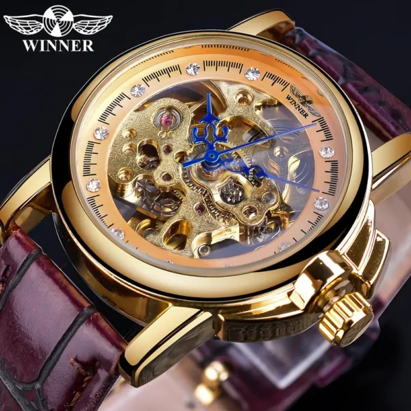 Forsining Classic Retro Design Blue Hands Ladies Fashion Golden Skeleton Diamond Display Mechanical Wrist Watches Gift For Women 1