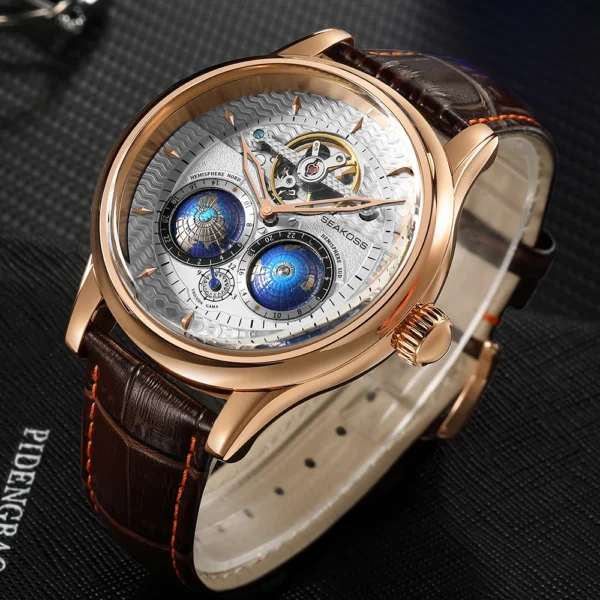 SEAKOSS Male Dual Earth Rotating Mechanical Men's Watch Automatic Movement Waterproof Clock Pilots 1963 Flywheel Wristwatches 1