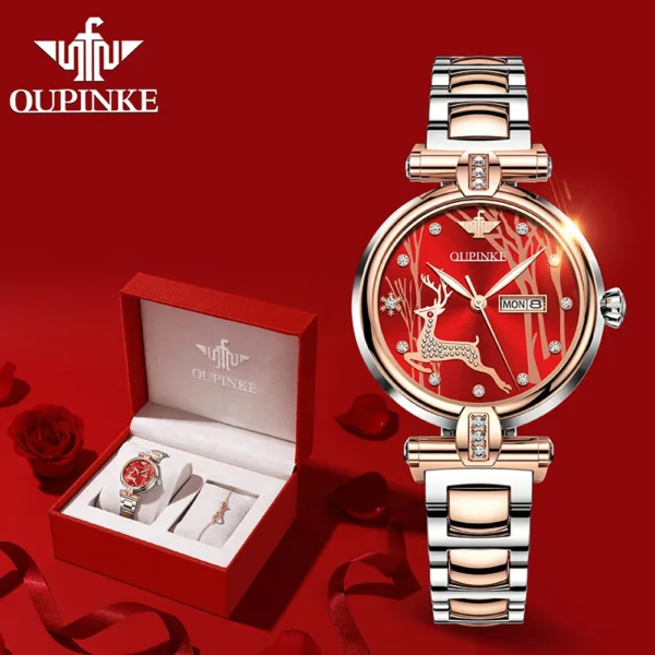 OUPINKE 3180 Automatic Mechanical Wrist Watch for Women Elegant Rose Gold Steel Strap Diamond Scale Seiko Movement Ladies Watch 1