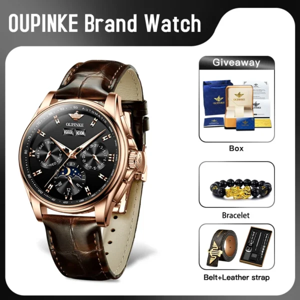 OUPINKE 3189 Mens Watch Original Luxury Automatic Mechanical Watch Moon Phase Waterproof Luminous Mens Gifts Reloj Hombre 2