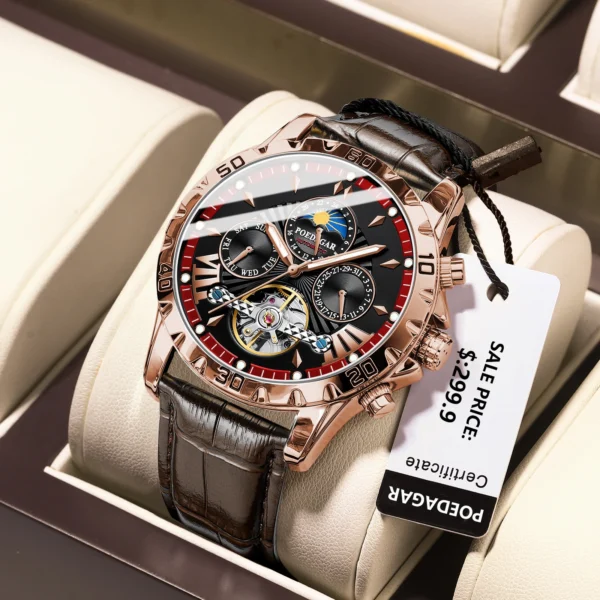 POEDAGAR Tourbillon Automatic Mechanical Wristwatch Waterproof Luminous Date Week Leather Men Watch Luxury Fashion Men's Watches 1