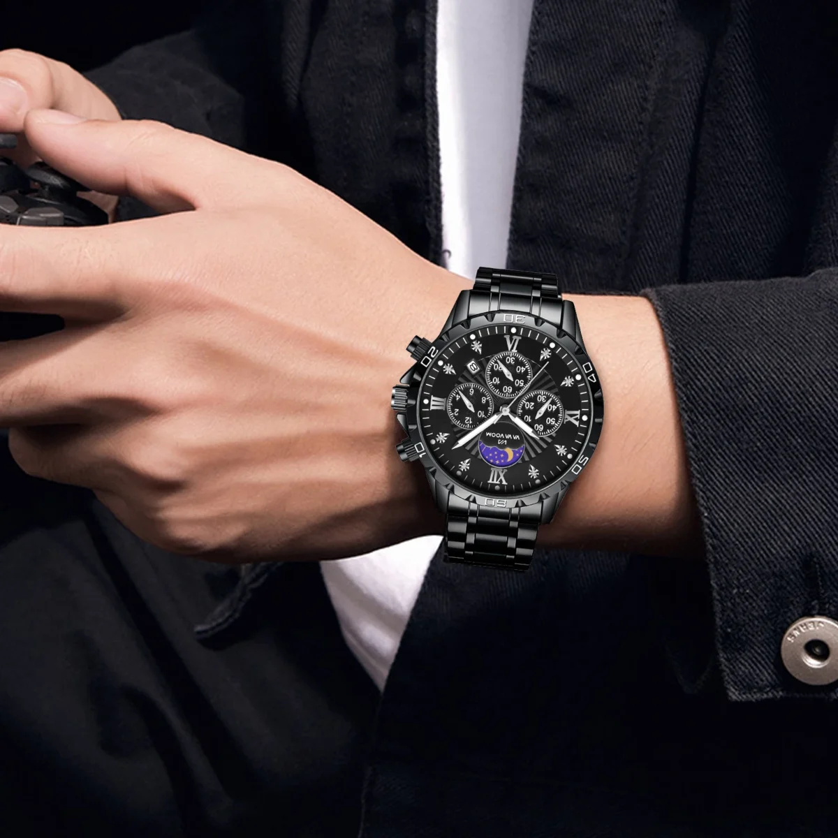 Men Watch US Fast Delivery Multifunctional Luxurious Rhinestone Moonlight Stainless Steel Business Leisure Quartz 1 Set Watches 5