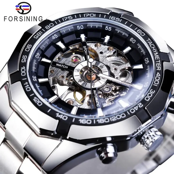 Forsining 2021 Stainless Steel Waterproof Mens Skeleton Watches Top Brand Luxury Transparent Mechanical Sport Male Wrist Watches 1