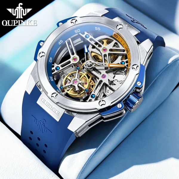 OUPINKE Tourbillon Movement Top Brand Men's Watches Waterproof Silicon Tape Automatic Mechanical Watch Hollow Out Original Watch 1