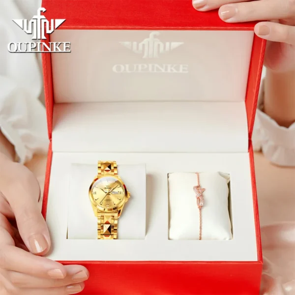 OUPINKE Luxury Fashion Simple Ladies Automatic Mechanical Watch Dual Calendar 50m Waterproof Sapphire Mirror Original Wristwatch 2